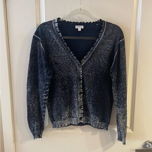 Minnie Rose Frayed Distressed Cardigan Navy Blue Long Sleeve Cotton Cashmere
